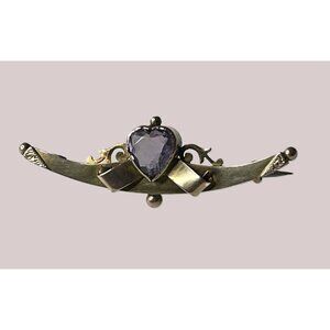 Antique 1897 Chester 9K Gold Brooch With Heart-Shaped Amethyst Gemstone